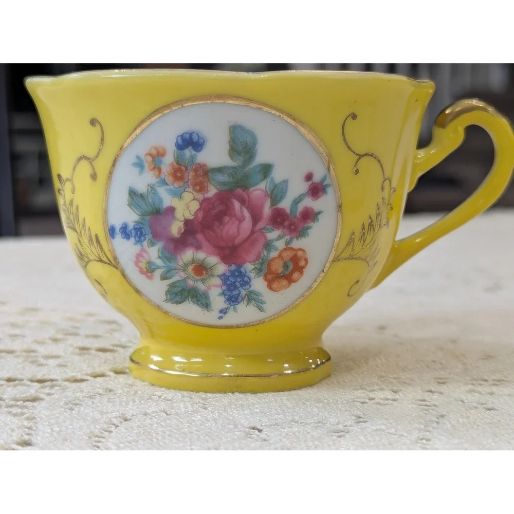 Vintage Tea Cup and Saucer Set OS Yellow Floral Gold Gilt Japan Porcelain